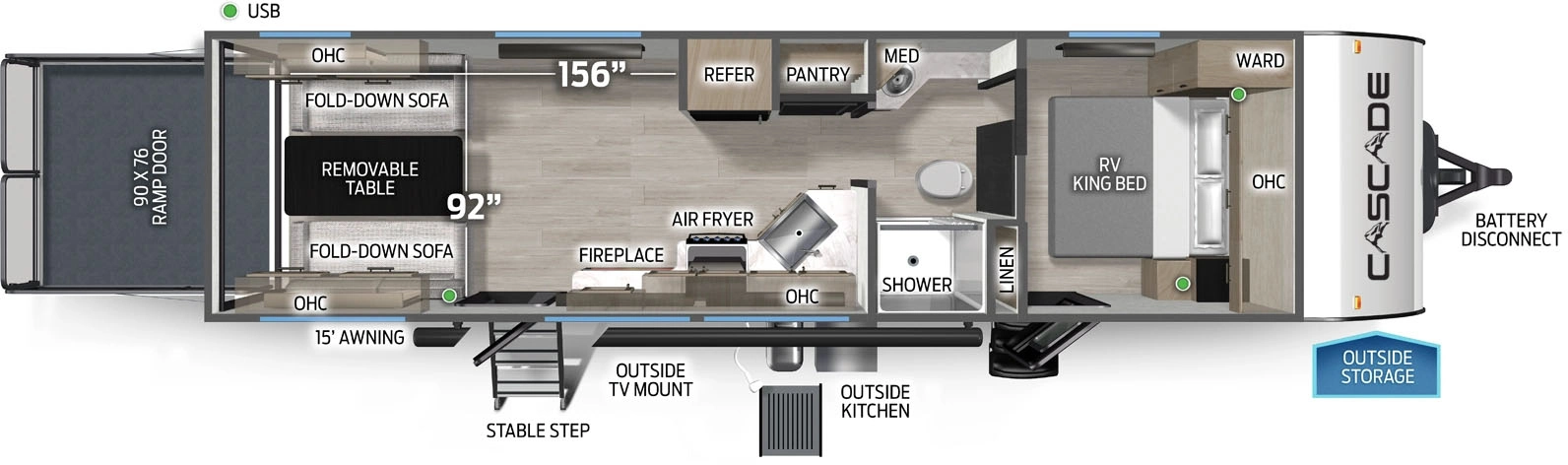 The Cascade 24RRTC floorplan is a toy hauler that has two entries and zero slide outs. Exterior features include: fiberglass exterior, 15' awning and outside kitchen. Interiors features include: front bedroom and pass through bathroom.
